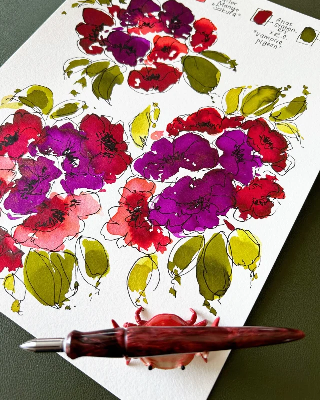Hi friends, hope you’re having a great Wednesday. In today’s livestream, I painted abstract flowers with fountain pen inks - look at that shimmer! ✨  Inks featured:
1. Ferris Wheel Press “Sugar & Spite”
2. Sailor Manyo “Sakura”
3. Esterbrook “Quirky Leaf”
4. Robert Oster x Atlas Stationers “Vampire Pigeon”  Paper used: Watercolour paper (Canson cold press) and EveryDay notebook by Galen Leather (Tomoe River Paper)  🎥 Replay is up on YT. Thanks for joining and for watching 🫶🏽  #fountainpenink #fountainpencommunity #inkartwork