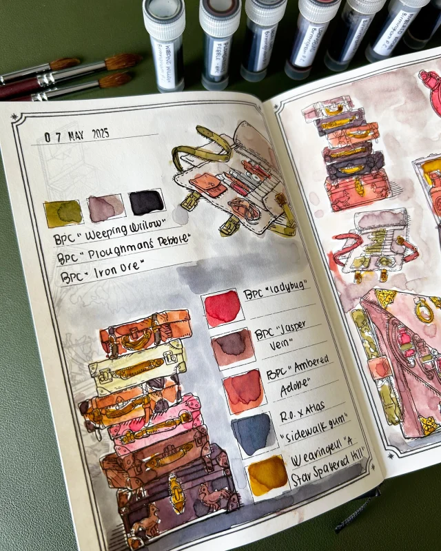 Hi friends, hope you’re having a great day 🫶🏽  In yesterday’s livestream, I swatched fountain pen ink samples from friends (thanks @planners.pens.and.pages @aprilmcgknits ). The colours were perfect to paint with in the Ink Archiving Book from Dominant Industry. We also chatted about pen shows, fountain pens, inks, and more.  Replay is up on YT - thanks for joining and thanks for watching!  Fountain Pen Inks featured:
- Birmingham Pen Co “Weeping Willow”
- BPC “Ploughmans Pebble”
- BPC “Iron Ore”
- BPC “Ladybug”
- BPC “Jasper Vein”
- BPC “Ambered Adoble”
- Robert Oster x Atlas Stationers “Sidewalk Gum”
- Wearingeul “A Star Spattered Hill”  #fountainpen #fountainpenink #dominantindustry #birminghampencompany