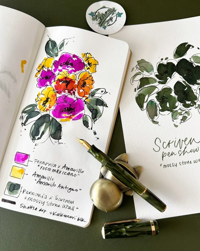 In today’s livestream, I painted with the official fountain pen ink for the @scriven.montreal pen show called “Mossy Stone Wall” / “Mur de pierre moussu”. The standard dark green with ample shading is a gorgeous shade (and if you’re attending the pen show, make sure to snag a bottle, or two 😏)  Since the show ink is made by @pennonia.ink , I decided to create a palette with two other Pennonia inks (for @amarillostationery ) called “Amarillo Antiguo” and “Rosa Mexicano”. What do you think of the colour combo?  I also had my Esterbrook JR inked up and did a writing sample. And I used the Colorverse Shuttle dip nib (I’m having fun with it!)  Replay is up on yt if you couldn’t catch the live. Thanks for being here and have a great weekend 🫶🏽  #fountainpen #esterbrook #fountainpenink #fountainpenart #inkpainting #penshow #fountainpen #pennonia #scrivenmontreal #scrivenpenshow