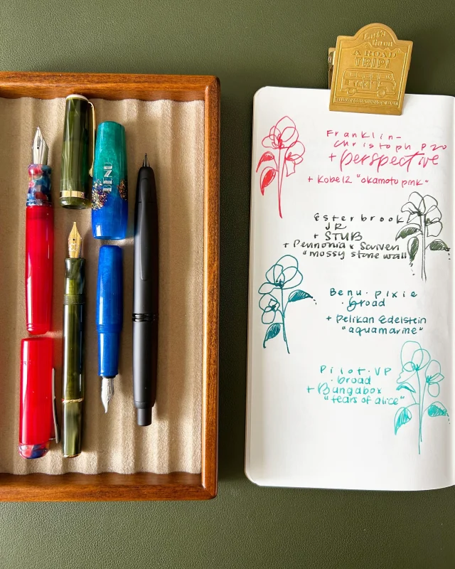 Hi friends 🫶🏽 in today’s livestream, I created Currently Inked and Notably Inked spreads using my fountain pens. We also chatted about nibs, fun inks…and general convo that the cool kids club would have. Replay is up on yt.  ❓btw if anyone has suggestions for similar inks to Kobe “lampwork museum maroon”, let me know! I love the burgundy maroon shade.  Here are my Notably Inked 🖋️ in May:  1. Franklin-Christoph Pocket20 (perspective by Gena) + Kobe 12 “okamoto pink”
2. Esterbrook JR (stub) + Pennonia x Scriven Montreal 2025 Pen Show ““Mur de pierre moussu”/“mossy stone wall”
3. Benu Pixie (b) + Pelikan Edelstein “aquamarine”
4. Pilot VP (b) + Bungabox “tears of alice”
5. TWSBI eco (f) + Kobe “lampwork museum maroon”
6. Tom’s Studio (titanium flex) + Robert Oster “sydney lavender”
7. Pilot E95S (m) + Sailor Shikiori “kamo-shika”
8. Esterbrook x TheCoffeeMonsterzCo Estie (journaler) + TCMC “forgotten iced coffee”  Highlight: the Benu Pixie! It’s so cute and actually quite comfortable to write with.  #fountainpens #fountainpenink #esterbrook #benu #thecoffeemonsterzco #pilotvanishingpoint