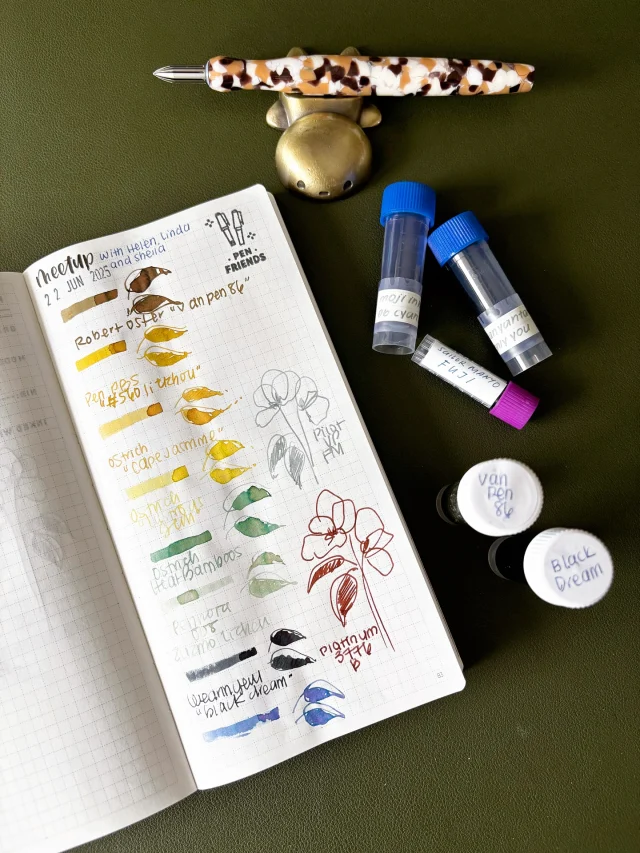 Hi friends 🫶🏽 I’ll be announcing some upcoming workshops soon 👀 but in the meantime, here are some ink and pen swatches I did today at a meetup with pen friends @thecoffeemonsterzco @pensandcat @esunonotto . It’s exactly what I needed after a couple of tough weeks 🫂  I hope you had a nice weekend!  #fountainpens #fountainpenink #fountainpengeeks #inkswatch