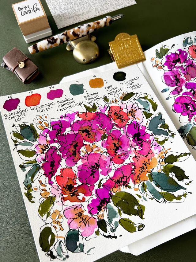 Hi friends 🫶🏽 in today’s livestream, I painted with fountain pen inks that were randomly chosen by friends in stream chat. I love the surprise and enjoyed drawing flowers on top of this palette - it’s pretty! What do you think?  🎥 Replay is up on YT - thanks for joining and thanks for watching!  Fountain Pen Inks featured:
- Wearingeul “Cheshire Cat”
- Wearingeul “Juliet” (shimmer)
- Pennonia x Amarillo Stationery “Rosa Mexicano”
- Dominant Industry “Soleil Couchant à Etretat”
- Ferris Wheel Press “Russet Typecase”
- Dominant Industry x Wonder Pens “Tuna & Olives”  🖋️ Featured tool: Nib holder gifted by @zodiacpencompany to hold my Kakimori dip nib. The material is café con leche acrylic and the holder has a flat rear finial for ink swatching. You’ll see more about this holder, let me know if you like it!  #fountainpenink #ferriswheelpress #wearingeul #pennonia #dominantindustry #floralpainting #floralabstract