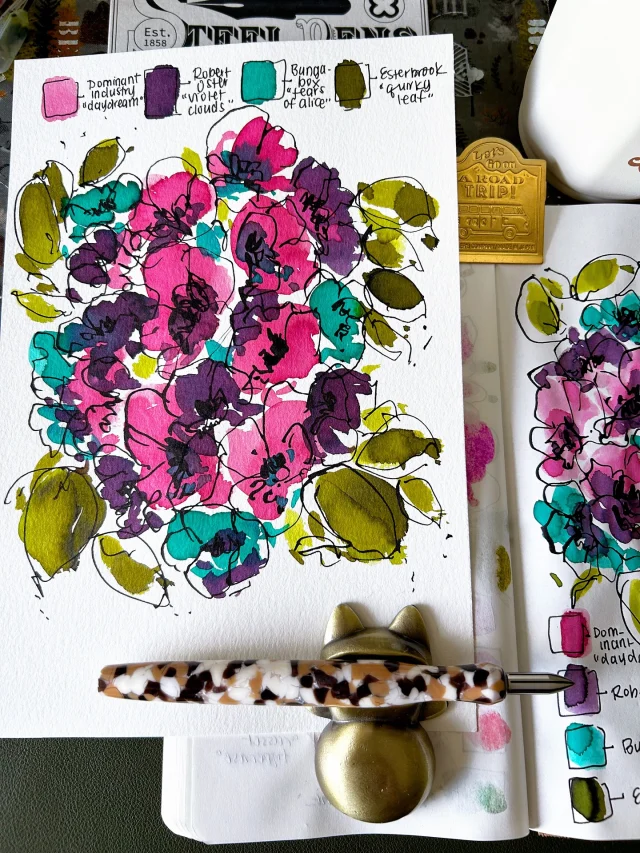 In today’s coffee chat stream with pen friends, I painted these floral art pieces. It was such a fun, casual hangout - if you were able to attend, ty! The replay can be caught on @alexandrasartinsanity ‘s yt channel.  I’m processing heavy emotions this weekend and being creative helps me stay grounded. If you’re feeling down, I’m there with you… let’s keep playing with stationery as an outlet for big feelings. 🫶🏽  Fountain pen inks featured:
- Dominant Industry “Daydream”
- Robert Oster “Violet Clouds”
- Bungabox “Tears of Alice”
- Esterbrook “Quirky Leaf”  #fountainpenink #fountainpencommunity #floralartwork #abstractflowers