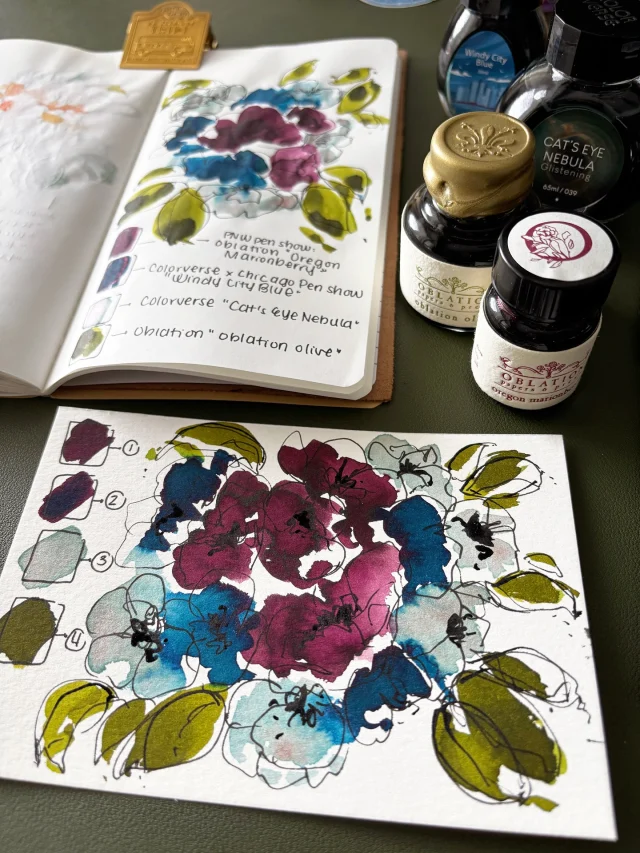 Hi friends 🫶🏽 In today’s stream, I painted with fountain pen inks that I’ve acquired in the past few weeks - and it turns out that they actually look pretty great together!  Featured fountain pen inks:
- Colorverse “Cat’s Eye Nebula” (thanks Bart @zodiacpencompany !)
- Colorverse (Chicago Pen Show) “Windy City Blue” (won a @penaddict TW stream giveaway)
- Oblation (PNW Pen Show) “Orgeon Marionberry”
- Oblation “Oblation Olive”  Thanks for joining the live chat: the upcoming SF Pen Show, fountain pen nibs, planners, paper (thoughts on Hobonichi and alternatives)…it was all really interestingly nerdy and to be continued. Also if you watch the replay (available on YT or TW), I appreciate you!  #fountainpenink #inkpainting #abstractfloral #colorverse #oblation