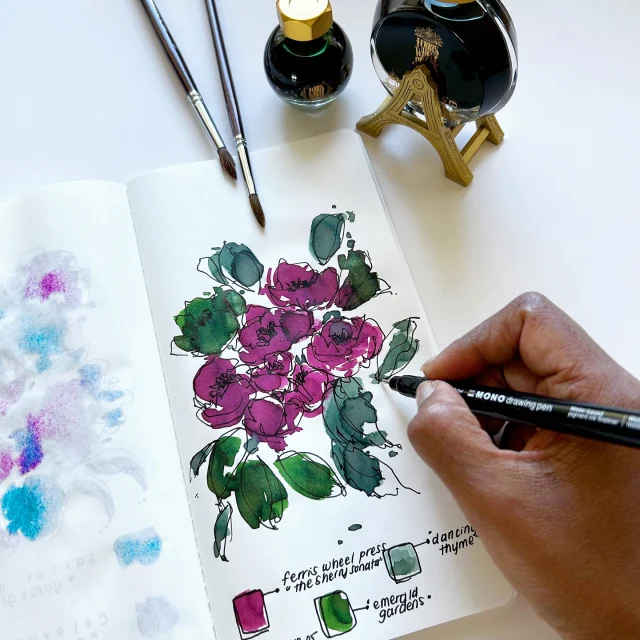 Will I see you at the SF Pen Show? This is my third year attending the @sfpenshow and super excited to see friends irl 🤩  If you’re attending any of my workshops on Fri/Sat, we’ll be using one of my most used fine liners: the Tombow MONO Drawing Pen, 05 (kindly gifted in each participant’s supply kit by @tombowusa ). In my Abstract Floral Art sessions, we’ll be painting with Ferris Wheel Press fountain pen inks, kindly provided by @esterbrook_official . There may also be giveaways 👀  Workshop info can be found at SanFranciscoPenShow.com/Classes. Can’t wait to see you all at the show!  #sfpenshow #esterbrook #tombowusa #ferriswheelpress #fountainpens #fountainpenink #tombowpen